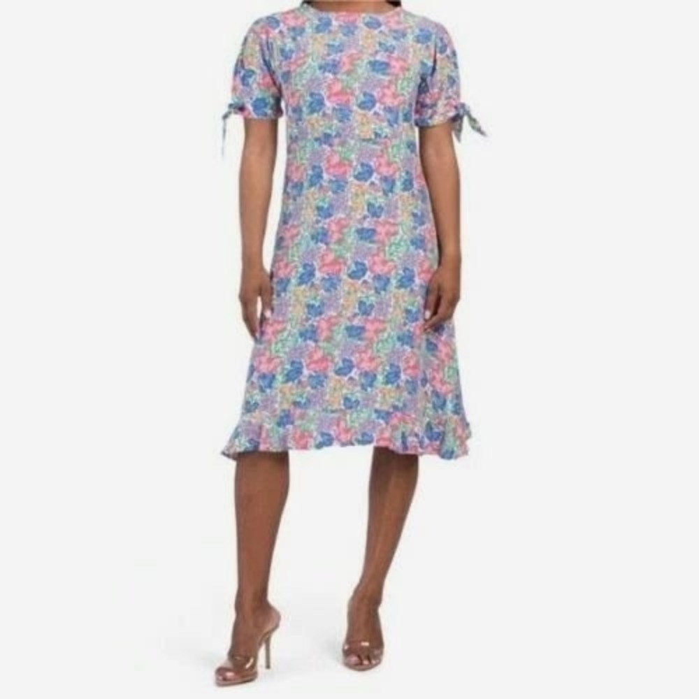 Faithfull The Brand Floral Midi Dress Multicolor Tie Sleeve Ruffle Hem Size‎ 6 M